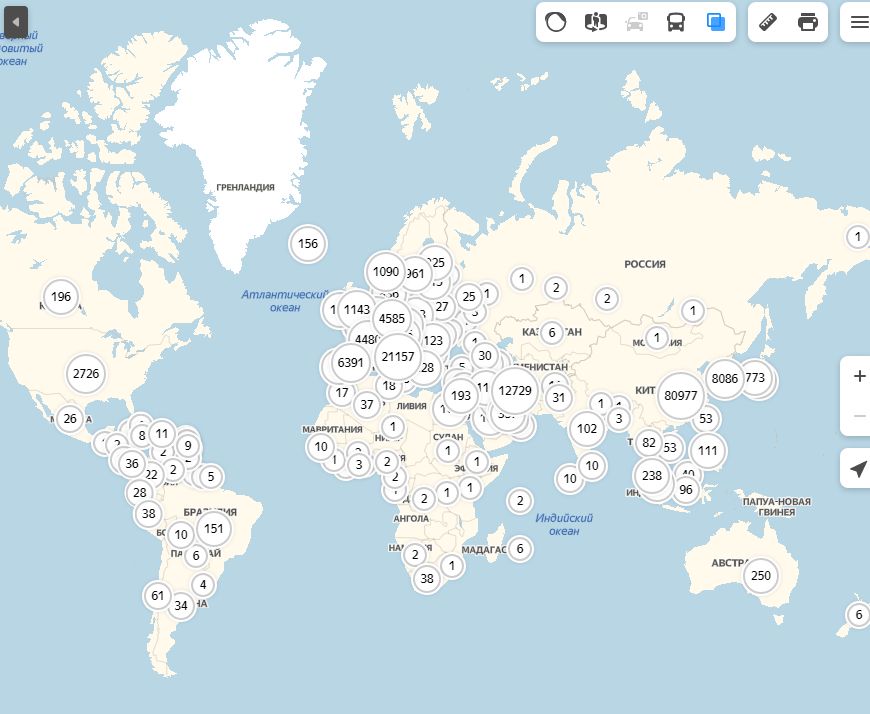 Карта распространения коронавируса в мире