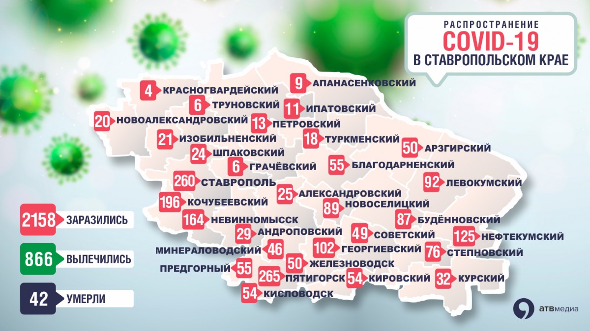 Карта распространения коронавируса в Ставропольском крае 27 мая 2020 года