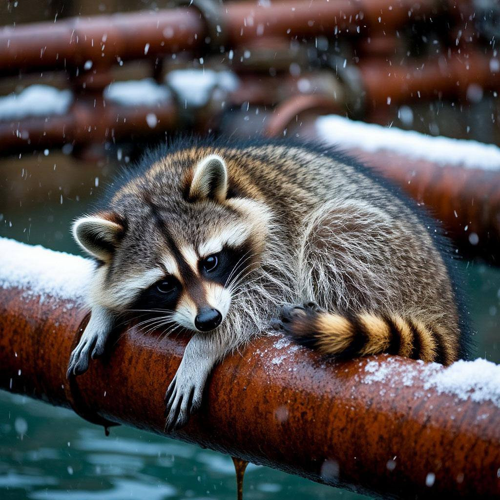 Еноты греются на трубах с минеральной водой в Железноводске